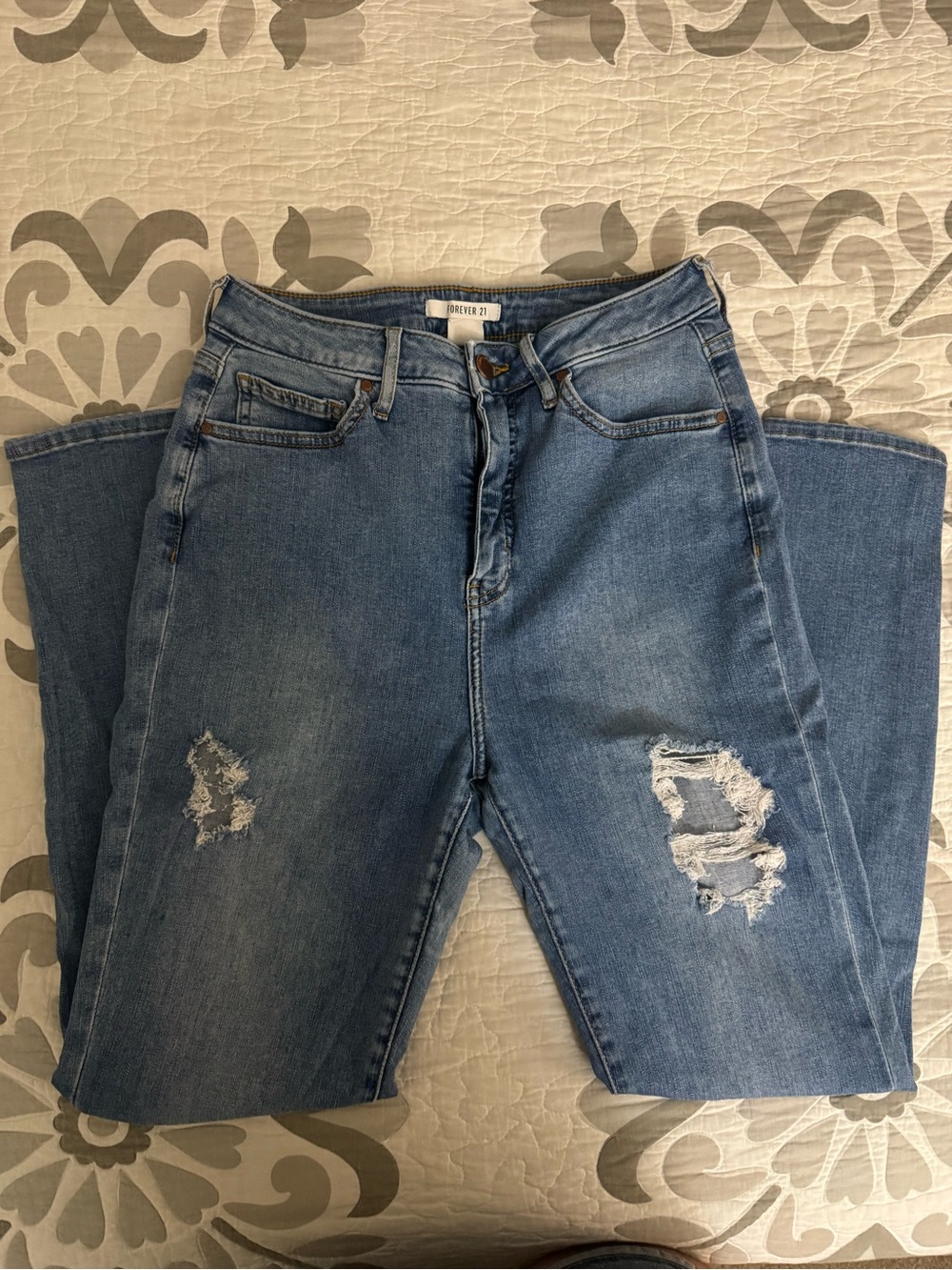 Forever 21 Light Blue Straight Leg Distressed Jeans